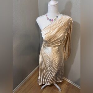 #673 Champagne gold one-shoulder satin tea length dress - Size 6/Small